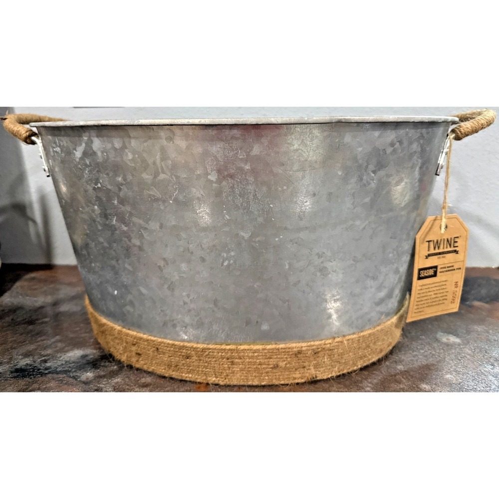 Seaside Galvanized Metal Beverage Tub Jute Rope Handles Farmhouse Ice Bucket